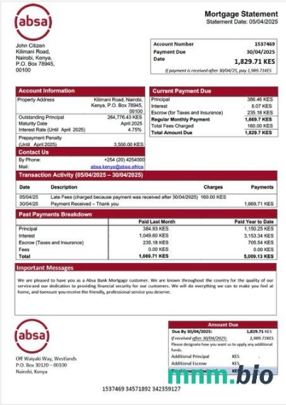 Kenia Bank Absa wyciąg z kredytu hipotecznego szablon Word i PDF